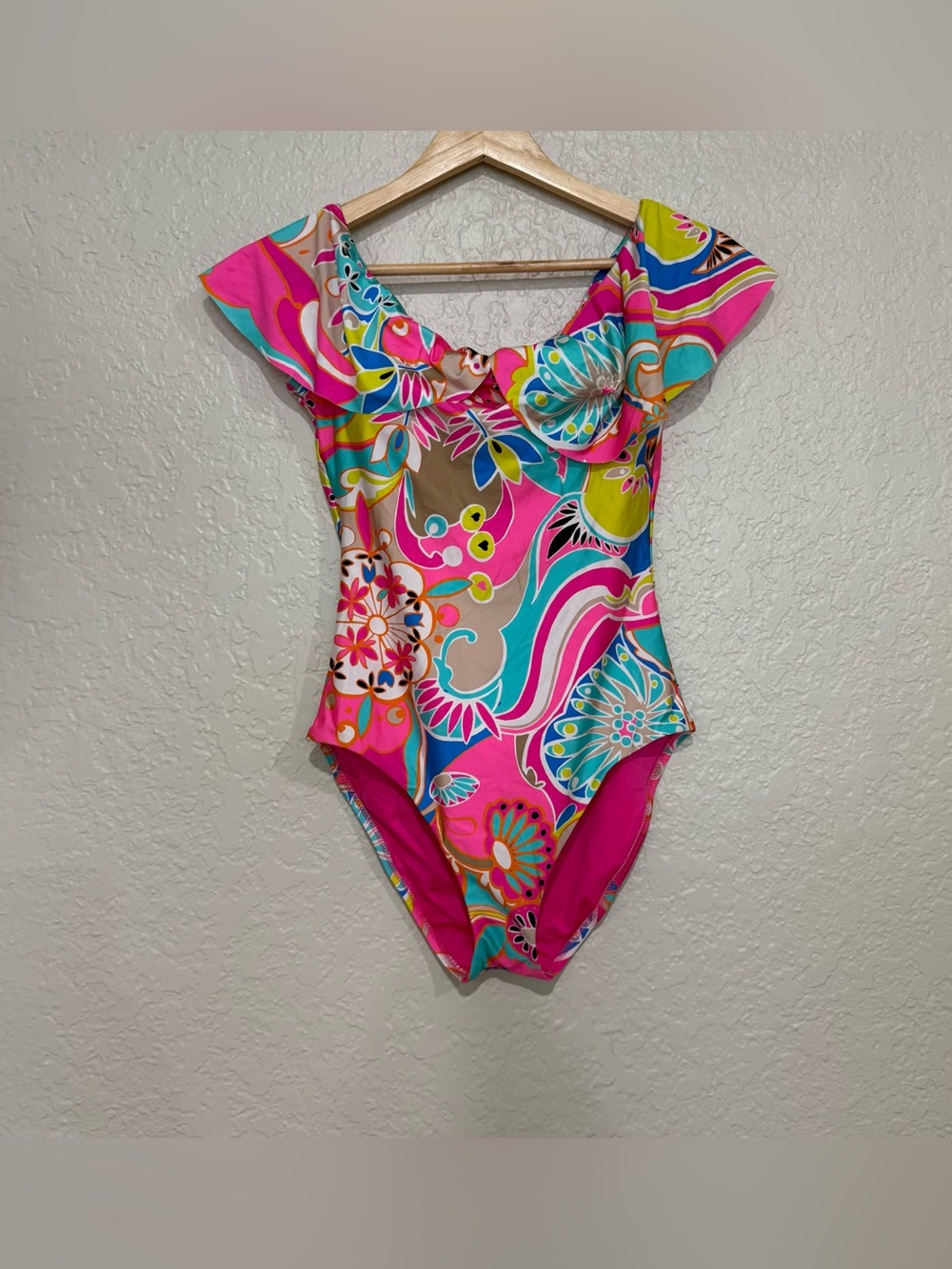Trina Turk "Fontaine" Off-The-Shoulder Ruffle One-Piece Swimsuit Size Small